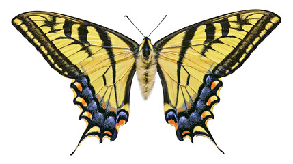 Yellow and black striped butterfly with blue and orange spots, isolated on transparent background © Elena