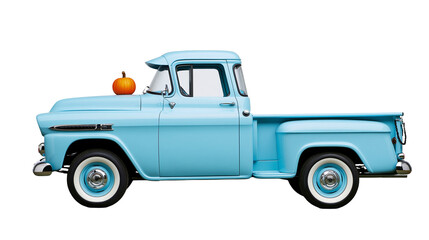 Fototapeta premium Light blue vintage pickup truck with small orange pumpkin on hood, isolated on transparent background