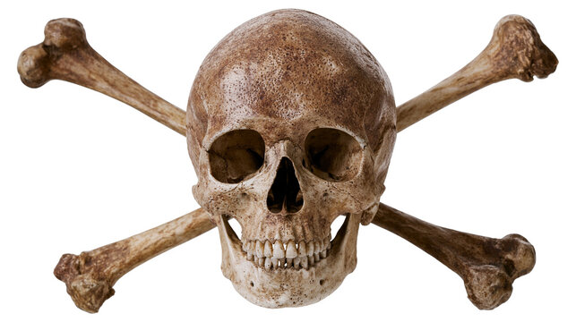 Weathered human skull and crossbones symbol, isolated on transparent background
