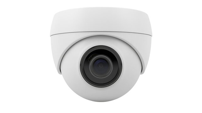 White dome security camera with black lens, isolated on transparent background