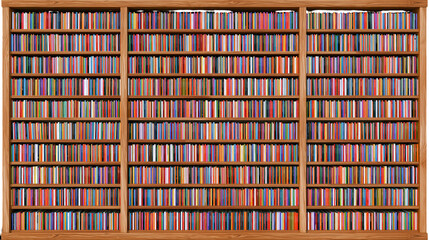 Full wooden bookshelf with many colorful books, isolated on transparent background © Elena