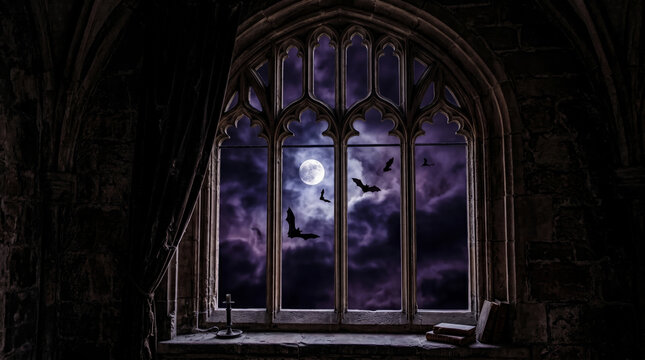 Eerie Gothic window view of spooky night sky with glowing full moon and flying bats over dark stone castle chamber setting, perfect for Halloween background decor.