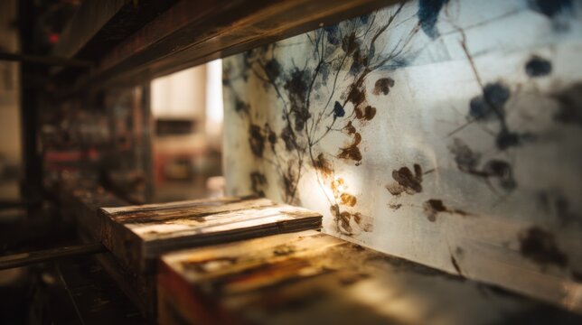 Intimate medium shot of a monoprint press room section highlighting spontaneous ink patterns on a glass plate paper waiting to be pressed background gently diffused.