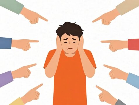 This artwork powerfully illustrates the intense psychological toll of public judgment, blame, and social isolation.