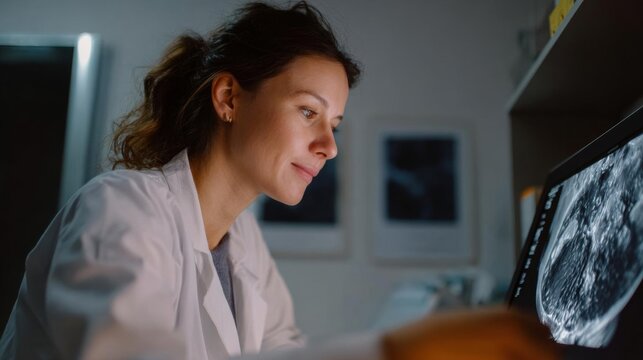 Young woman in a white lab coat sitting in front of a computer monitor. she appears to be a doctor or a medical professional, as she is wearing a white coat and has her hair pulled back in a ponytail.