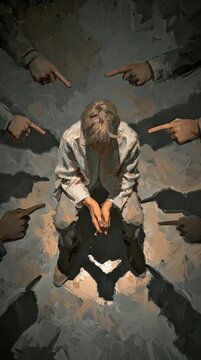 This artwork powerfully illustrates the intense psychological toll of public judgment, blame, and social isolation.