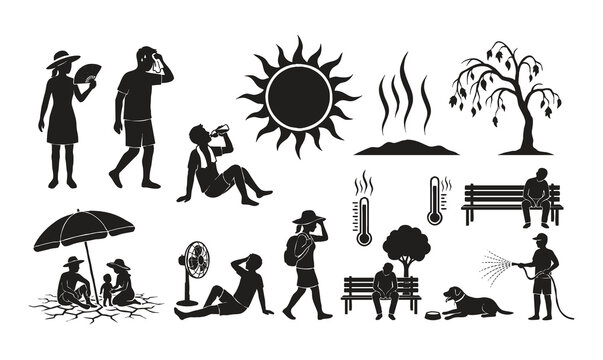 Extreme city heatwave with blazing sun silhouette vector illustration