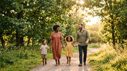 Fototapeta premium Family walking together in a green park during the 