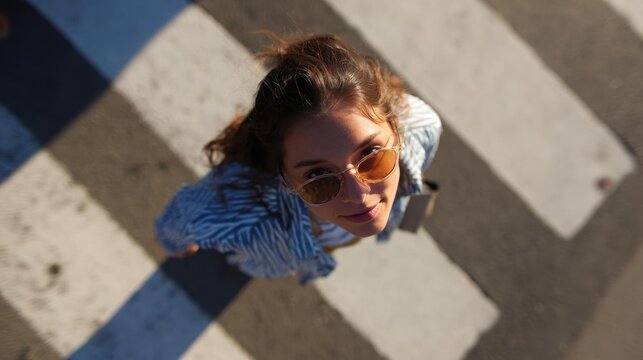 Aerial view of a young woman standing on a zebra crossing. she is wearing a blue and white striped shirt and sunglasses, and her hair is pulled back in a messy bun.