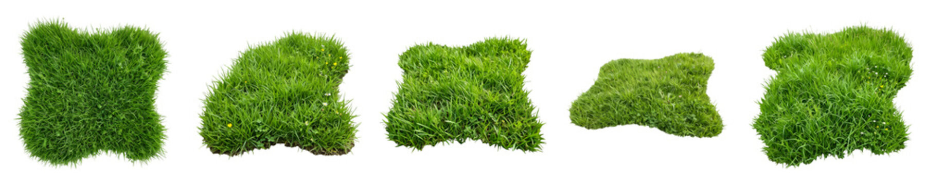 Isolated Green Grass Patch Set: Fresh Lawn Turf Clumps, Organic Meadow Sod Samples, and Fluffy Grass Mounds on White Background for Architectural and Landscape Design