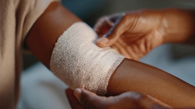 Close-up of a person's arm with a bandage wrapped around it. the bandage is white and appears to be made of a soft, elastic material.