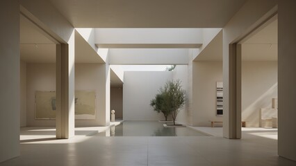 Fototapeta premium Minimalist interior atrium features a central water feature and large open walls with copy space for art display.