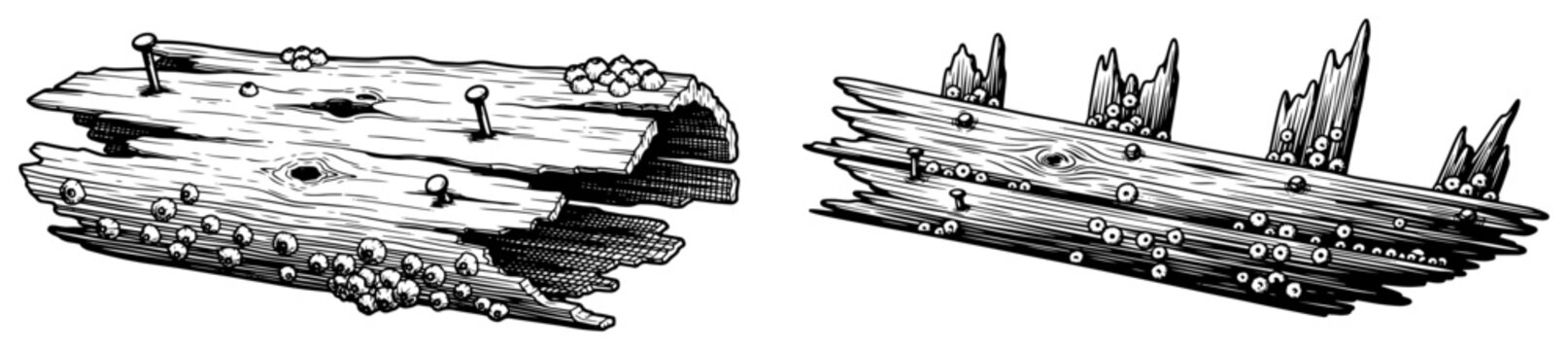Weathered wooden logs and broken timber with nails and barnacles hand drawn engraving style