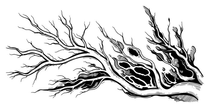 Dead twisted tree branch with organic roots and porous texture hand drawn engraving style
