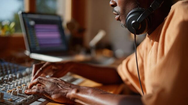 Man sitting at a desk in front of a computer monitor and a mixing console. he is wearing a pair of headphones and appears to be focused on his work.