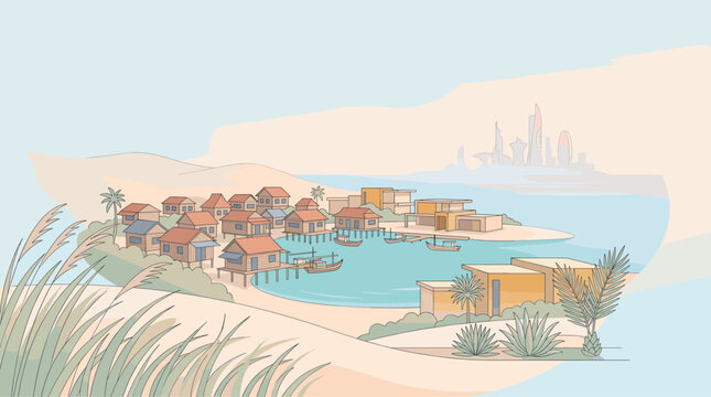 Vector illustration of a coastal village with stilt houses, traditional boats, and tropical plants near a sandy beach, with a modern futuristic cityscape skyline in the background.