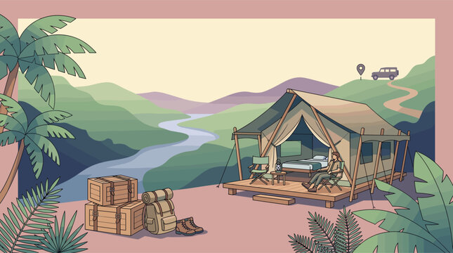 A vector illustration of a man relaxing at a luxury glamping tent overlooking a mountain river. Features outdoor travel gear, lush tropical foliage, and a scenic landscape view.