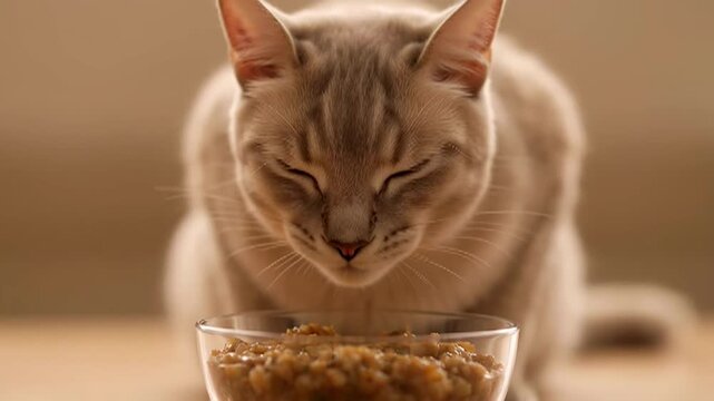 Adorable domestic cat eagerly eats from a clear glass bowl of food