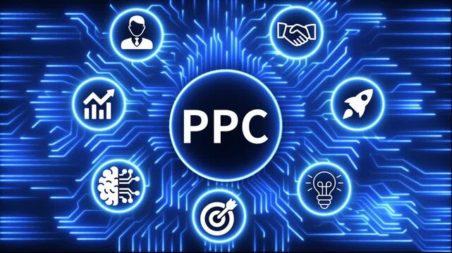 PPC icon surrounded by smaller icons for ai manufacturing strategy. A glowing neon, and manufacturing process management all connected in a digital circuit like pattern, 4k video 