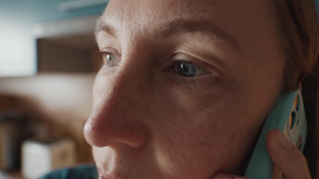 Woman talks on mobile phone in the room of an apartment. Wide angle lens with distorted face