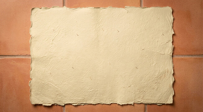 Vintage handmade paper with torn edges on a warm terracotta clay tile background, a blank antique scroll with space for text suitable for a rustic letter or a Mediterranean restaurant menu layout.
