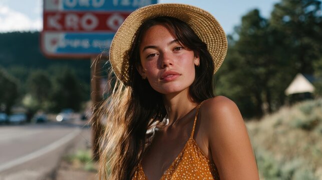 Portrait of a young woman standing on the side of a road. she is wearing a yellow polka-dot dress and a wide-brimmed straw hat.