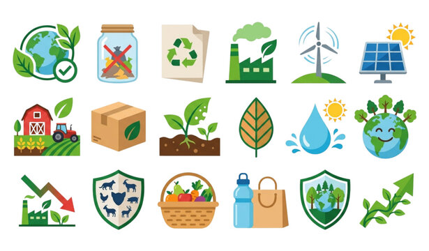 Creative sustainable living badge and eco symbol vector collection with green energy zero waste environmental protection and organic lifestyle icons isolated on white
