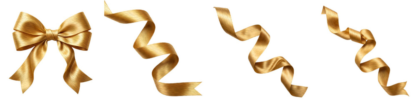 Isolated Gold Ribbon and Bow Set: Shiny Golden Satin Silk Streamers, Curly Present Strings, and Tied Bowknot on White Background for Christmas Gifts and Birthday Cards