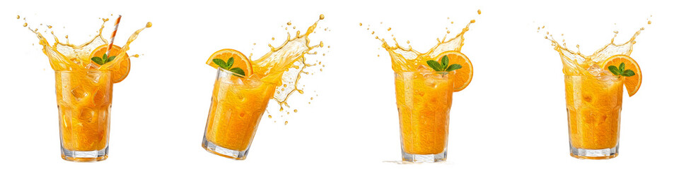 Isolated Orange Juice Splash Set: Refreshing Citrus Fruit Cocktails in Glasses with Ice Cubes and Mint Leaves on White Background for Cafe Menu and Beverage Advertising © Khan