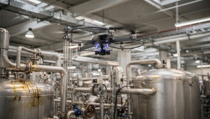 Fototapeta premium Indoor AIassisted quadcopter drone hovers over industrial machinery scanning for corrosion and leaks with precision sensors in a hightech manufacturing facility.