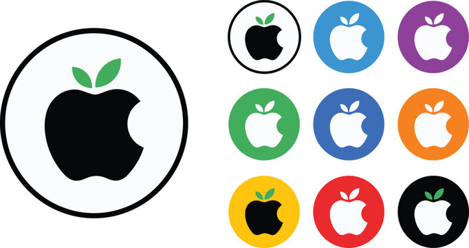 Bitten apple icon set featuring multiple colorful circle buttons for healthy eating and fruit retail branding