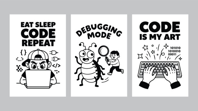 Three minimalist programmer motivation with cartoon characters doodle art posters