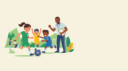 Obraz premium Children playing soccer with coach in green field illustration
