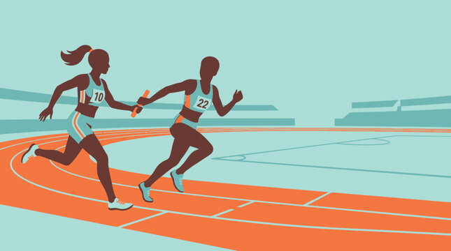 Women running on athletic track, sprinting in competition