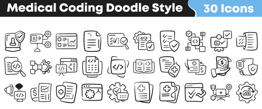 Collection of hand drawn medical coding icons in doodle style