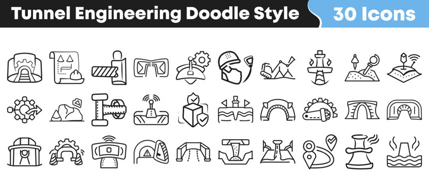 Hand drawn tunnel engineering doodle icons set for construction projects