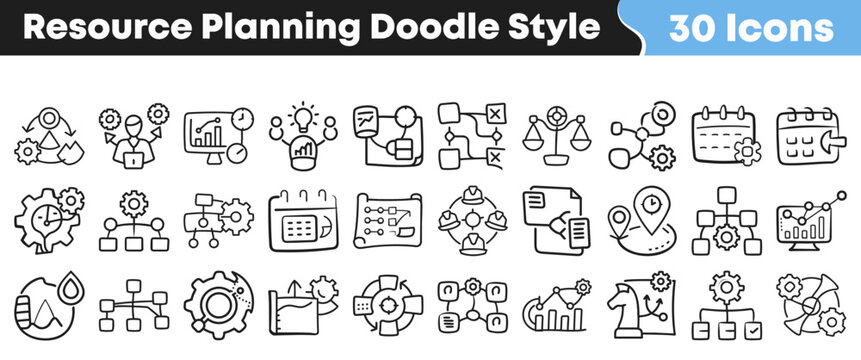 Collection of hand drawn resource planning icons in doodle style