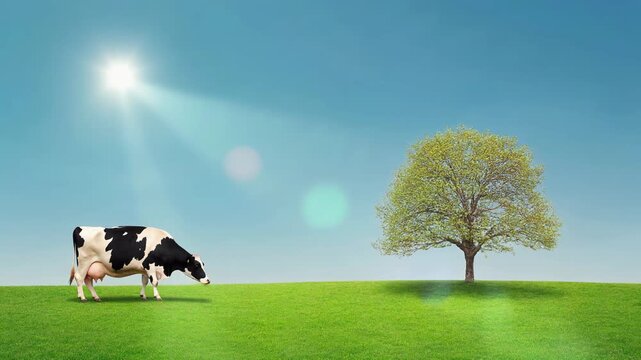 Cow Grazing in Sunny Meadow 4K Generative AI
