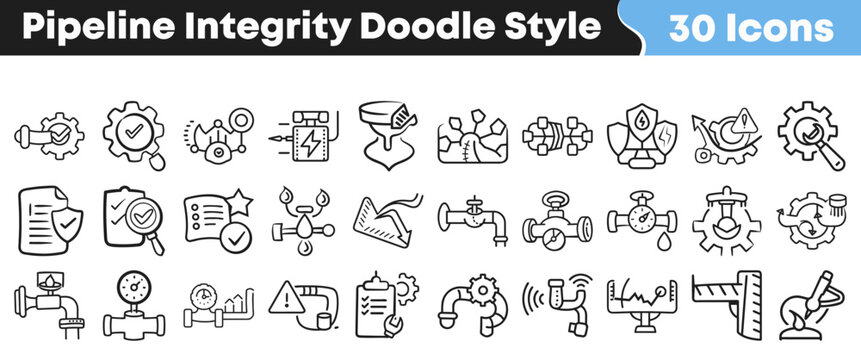 Collection of thirty pipeline integrity icons drawn in doodle style