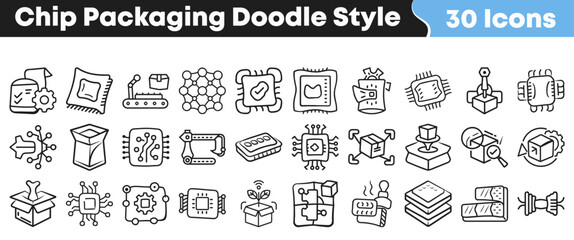 Obraz premium Set of thirty vector chip packaging icons in doodle style