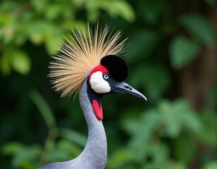 Fototapeta premium Grey crowned crane bird profile. Features striking golden crown red wattle and blue eye. Ornithology study subject in natural habitat with blurred green foliage.