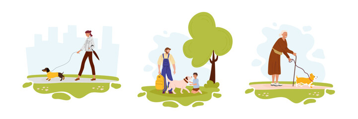 Fototapeta premium Dog walking set of 3 compositions. Different people walking different dogs in park. Vector illustration for pet, dog lover