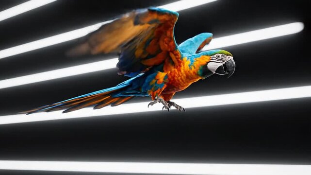 A vibrant blue and orange macaw parrot flying diagonally with open wings, displaying detailed plumage and feathers in mid-flight action against a neutral background.