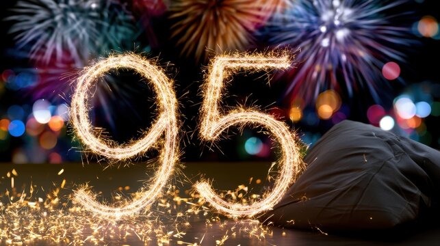 Sparkler forming the number ninety-five with colorful fireworks and festive bokeh lights in the background creating a celebratory atmosphere at night