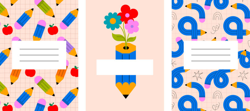School notebook cover and poster collection with pencils, apples and flowers doodles. Back to school colorful education vector illustration and background