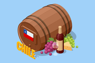 Fototapeta premium Isometric Chile wine concept with wooden barrel, bottle, grape and cheese on blue background. Winery illustration presents France, viticulture, cellar tradition and premium beverage culture