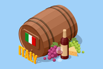 Fototapeta premium Isometric Italy wine concept with wooden barrel, bottle, grape and cheese on blue background. Winery illustration presents France, viticulture, cellar tradition and premium beverage culture