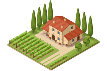 Fototapeta premium Isometric winery building with vineyard rows. Industrial wine production illustration shows vinification, storage and farm business