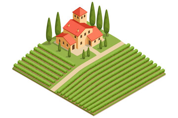 Fototapeta premium Isometric winery building with vineyard rows. Industrial wine production illustration shows vinification, storage and farm business