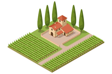Fototapeta premium Isometric winery building with vineyard rows. Industrial wine production illustration shows vinification, storage and farm business